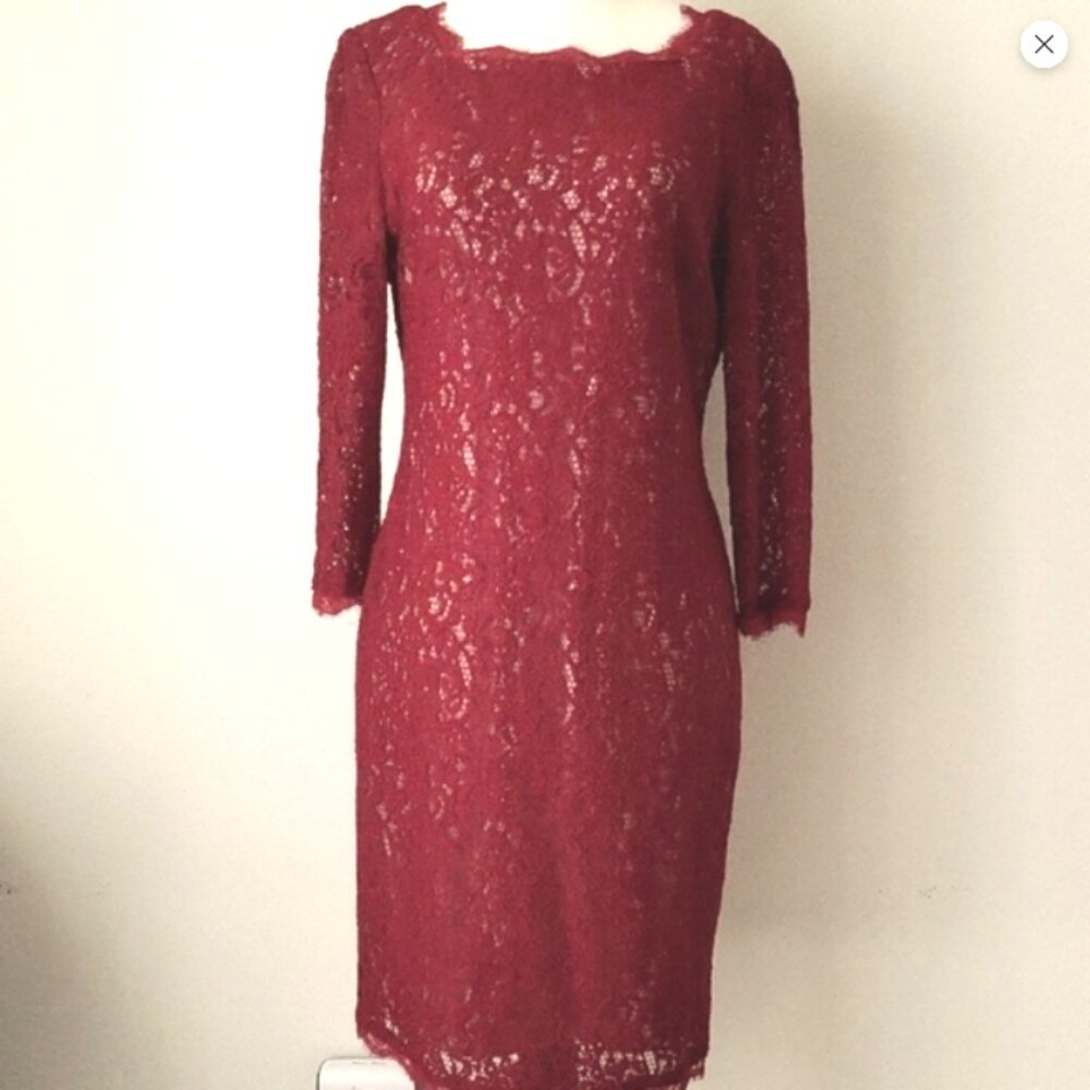 Adrianna Papell Burgundy Lace 3/4 Sleeve Dress Size 10P